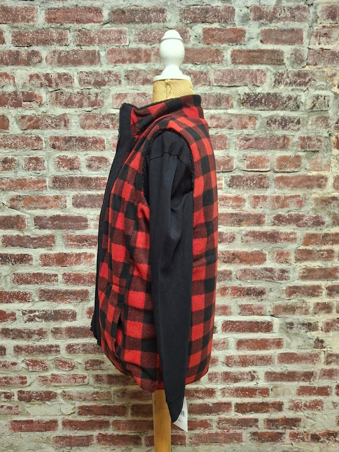 Red and Black Plaid Reversible Zip Up Vest