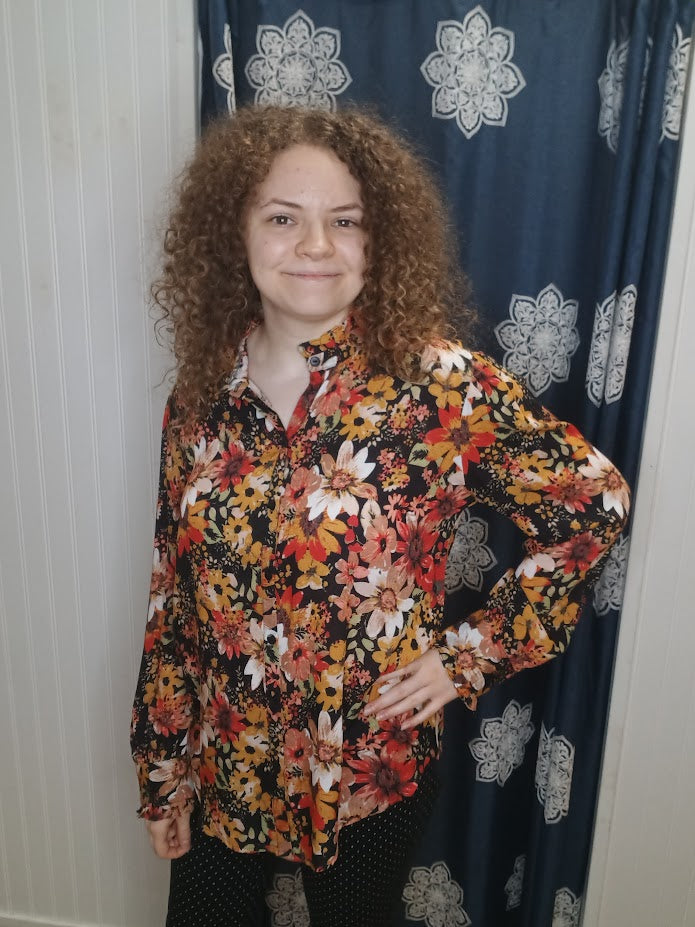 Black Autumn Floral Button Up Shirt