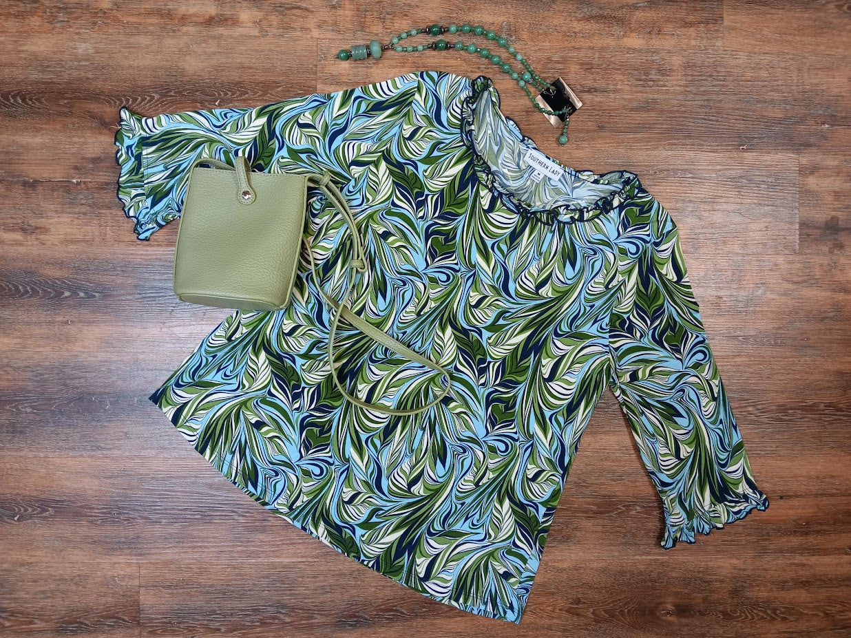 Moss and Blue Ruffle Top