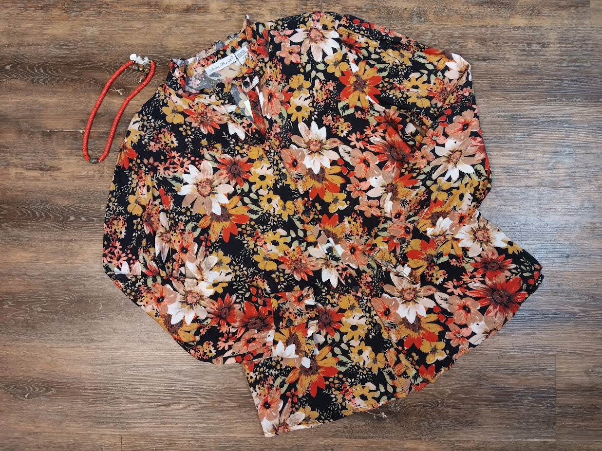 Black Autumn Floral Button Up Shirt