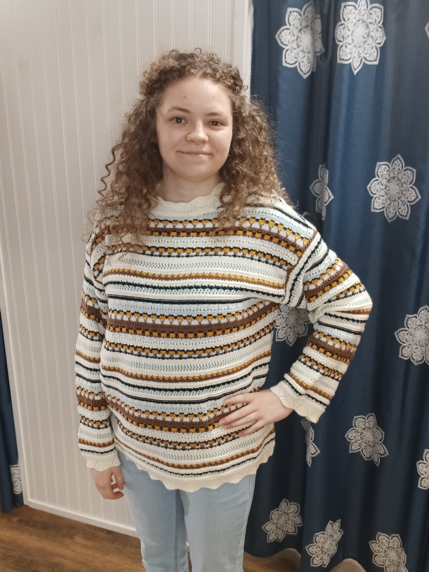 Cream and Brown L/S Pullover Sweater