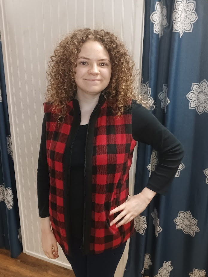 Red and Black Plaid Reversible Zip Up Vest