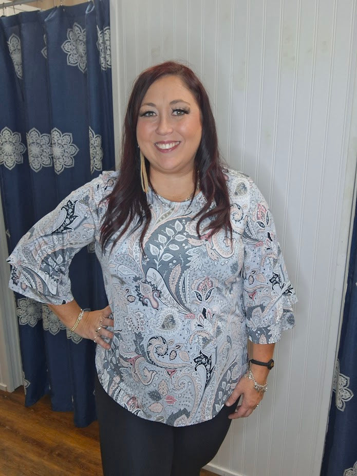 Stone Gray and Pink Paisley 3/4 Sleeve Plus Top