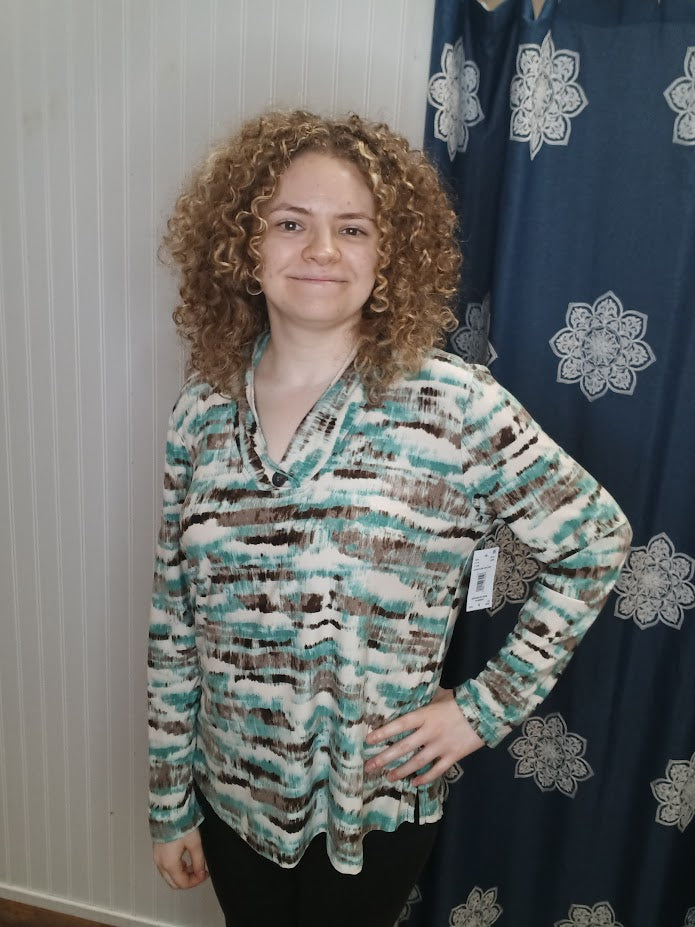 Long Sleeve Aqua / Brown Striped Top