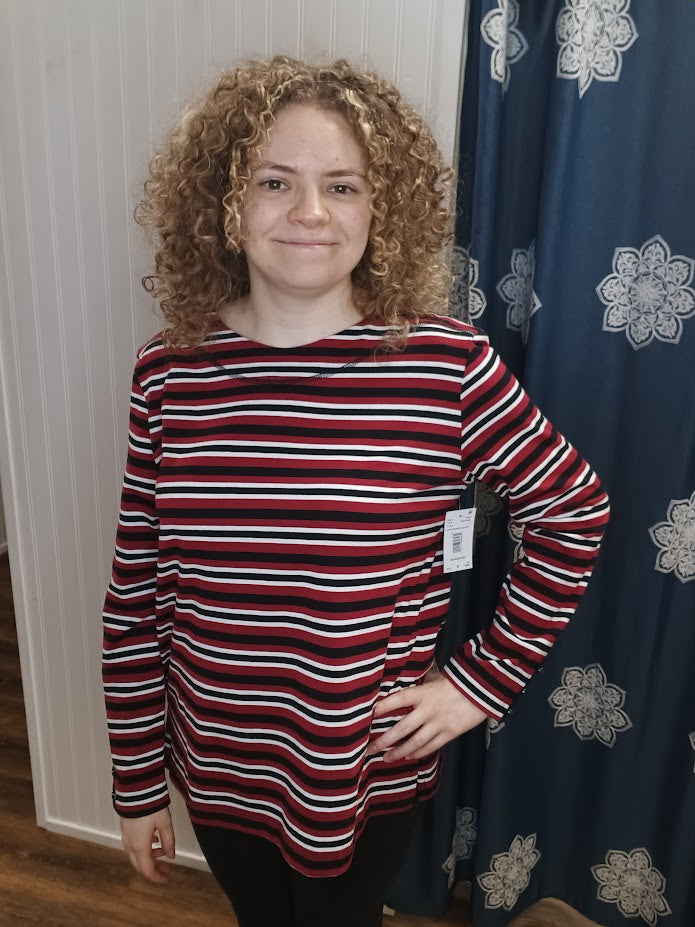 Red Black White Striped Long Sleeve T-Shirt