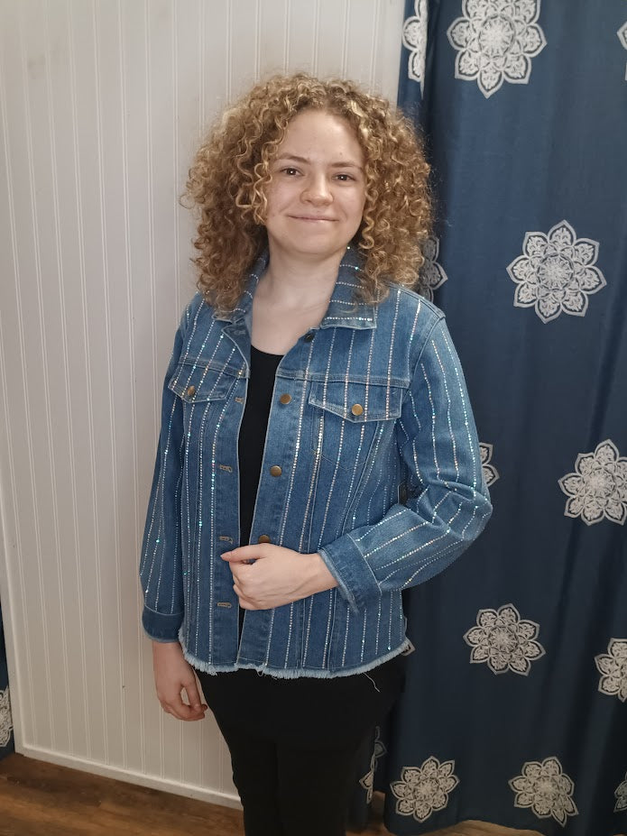 Rhinestone Studded Denim Jacket With Fray Hem