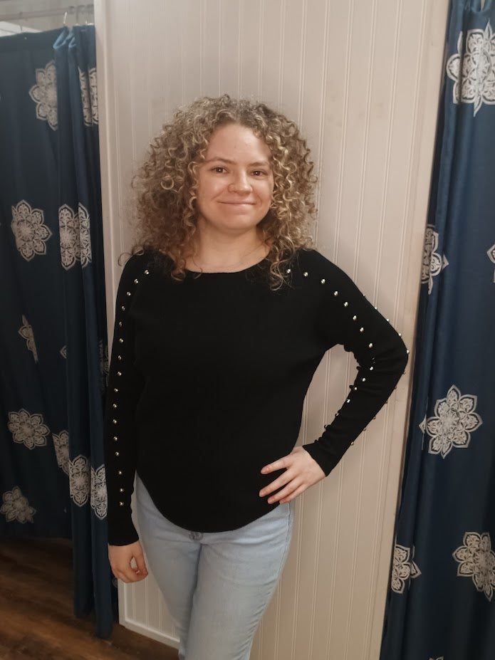 Black Pullover Sweater with Silver Studded Sleeve