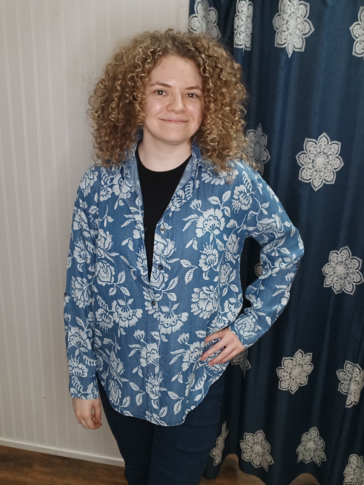 Denim Floral Button Up Shirt