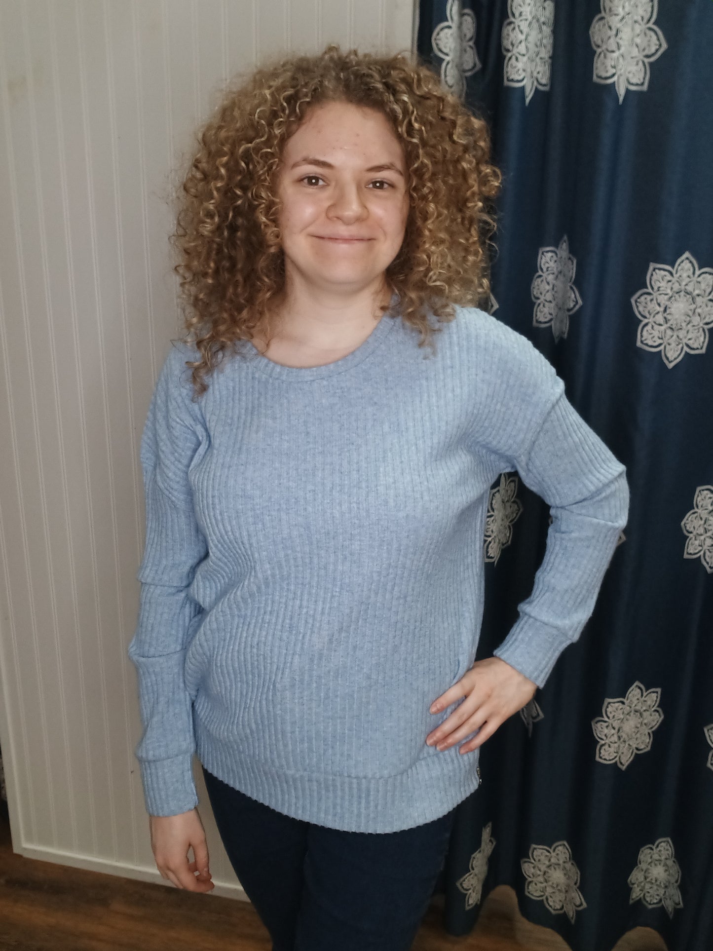 Ribbed Pale Blue Pullover Lightweight Sweater