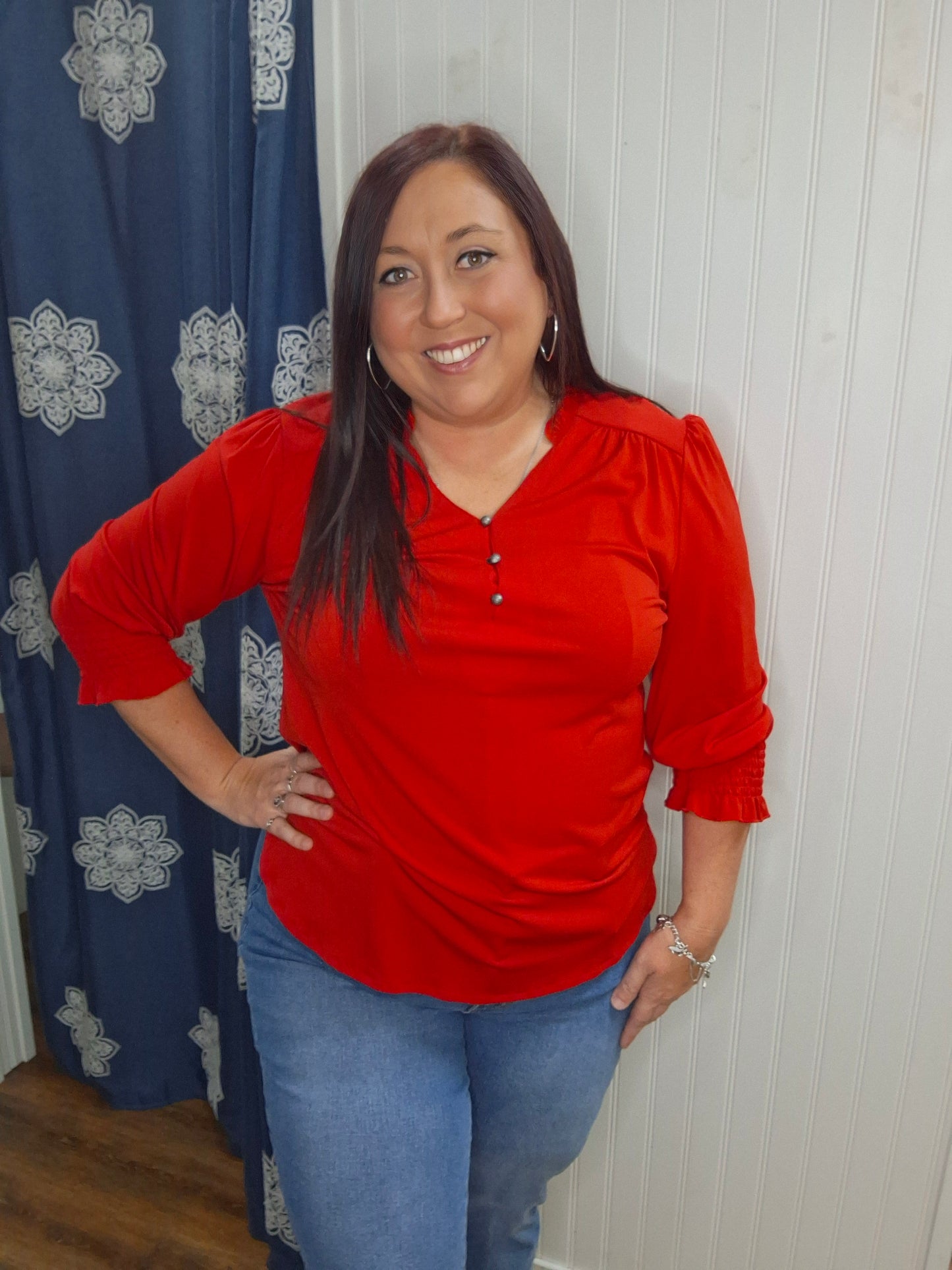 Red Solid Knit 3/4 Sleeve Faux Button Neck