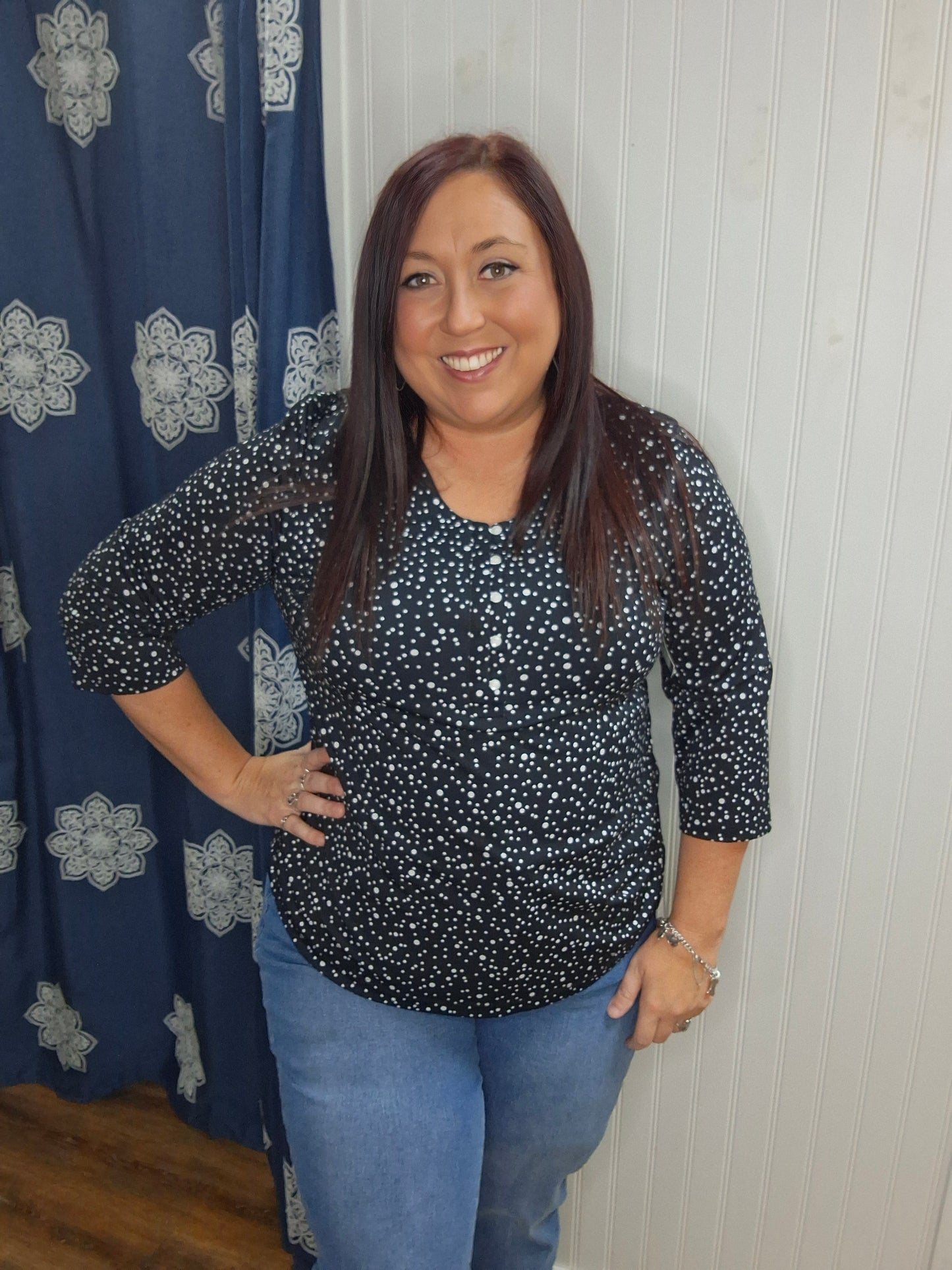 Black/White Polka Dot 3/4 Sleeve Top