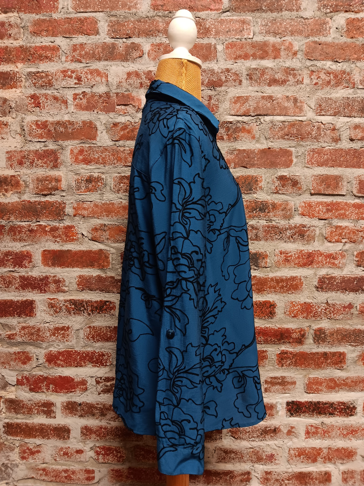 Indigo Black Embroidered Floral Print Tie up Waist Button Up Top