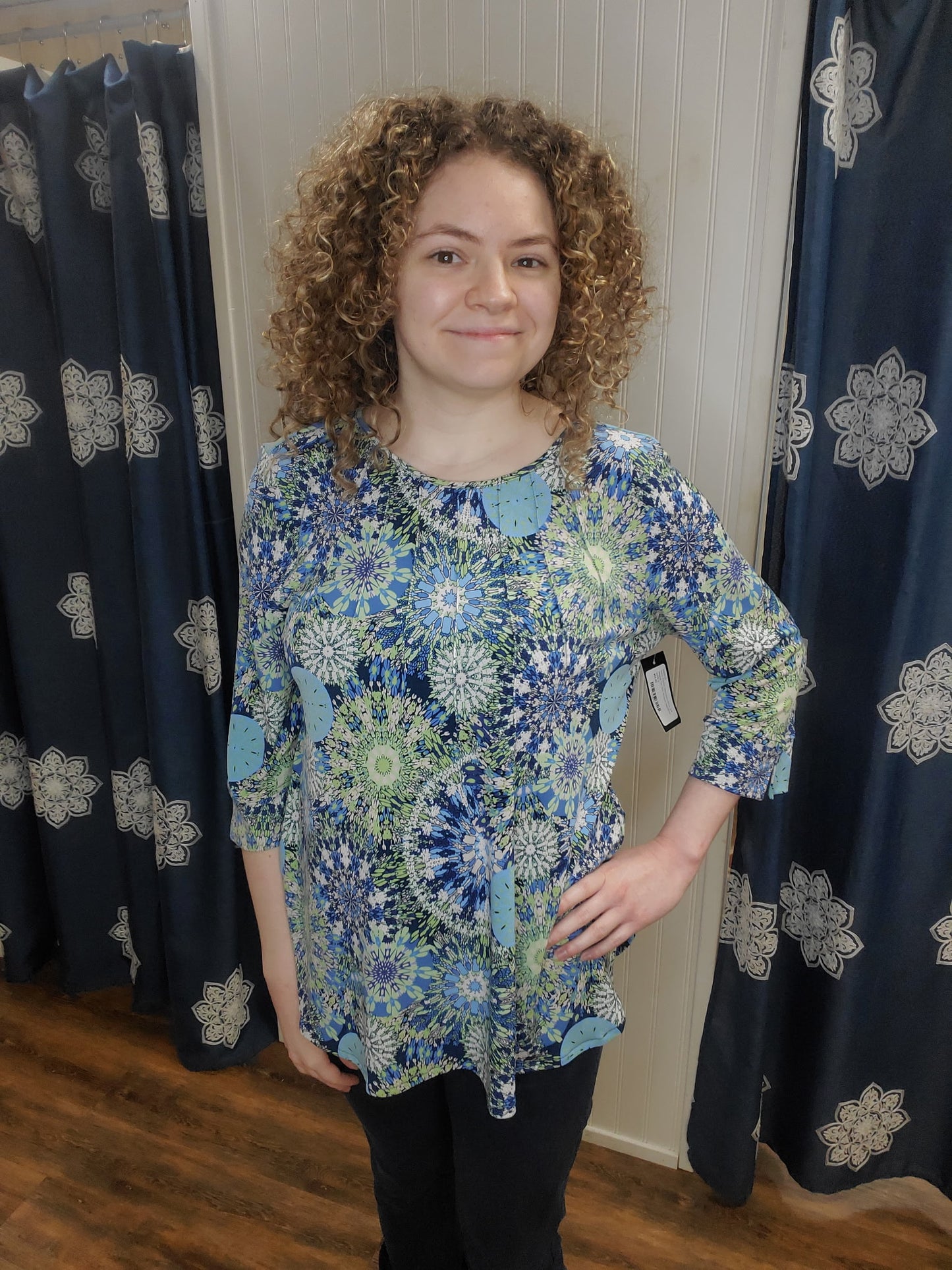 Navy/Denim Geometric Print 3/4 Sleeve Top With Pintuck Neckline