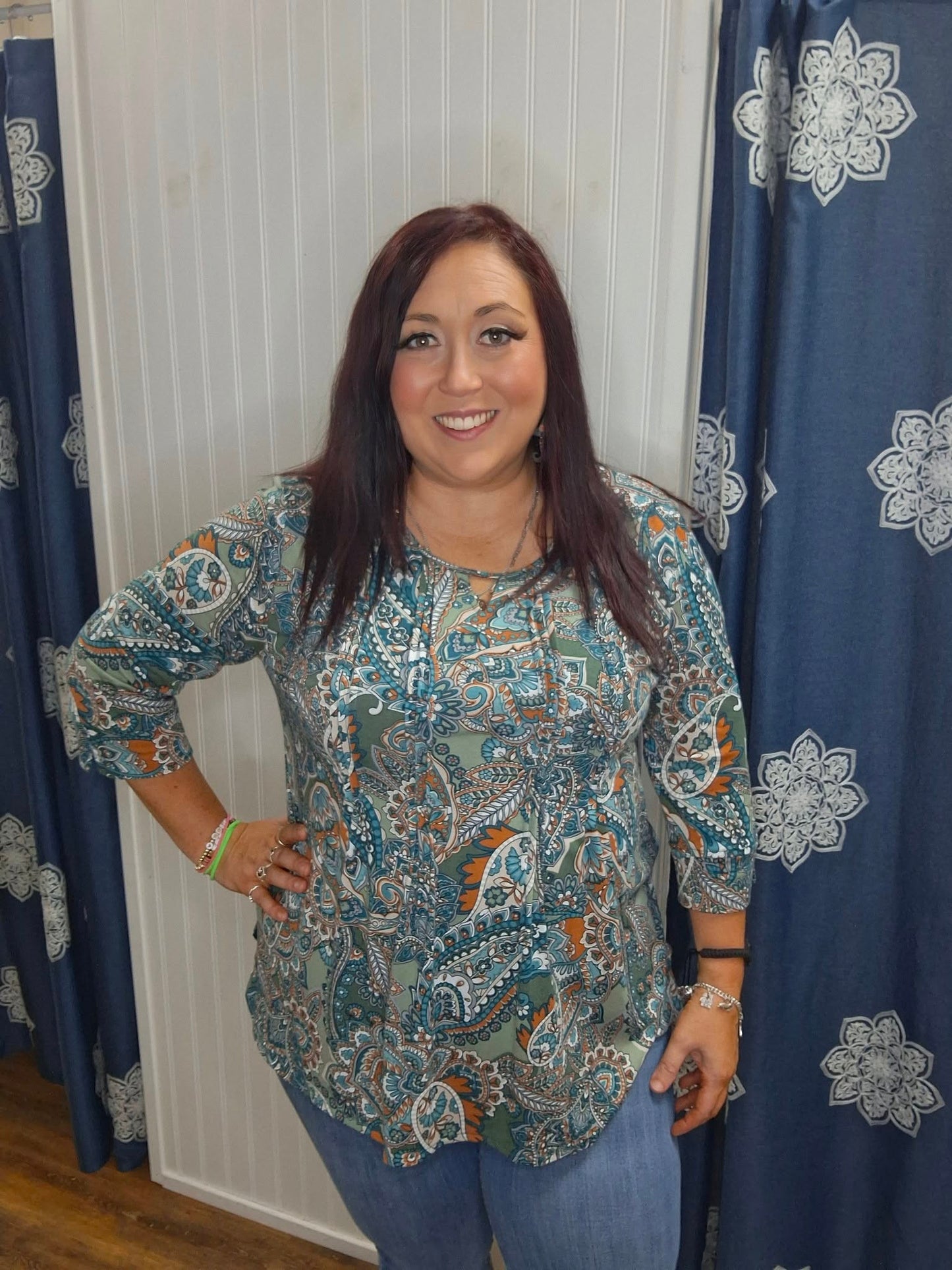 Olive Clay Mint Paisley Top