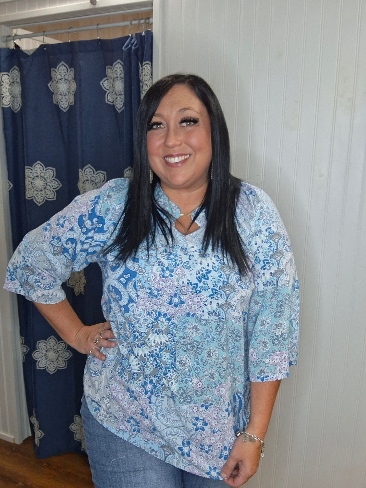 Blue Multicolor Floral Top 3/4 Sleeve Smocked Neckline