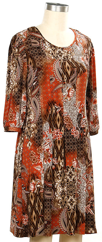 Brown and Clay Abstract 3/4 Sleeve Dress