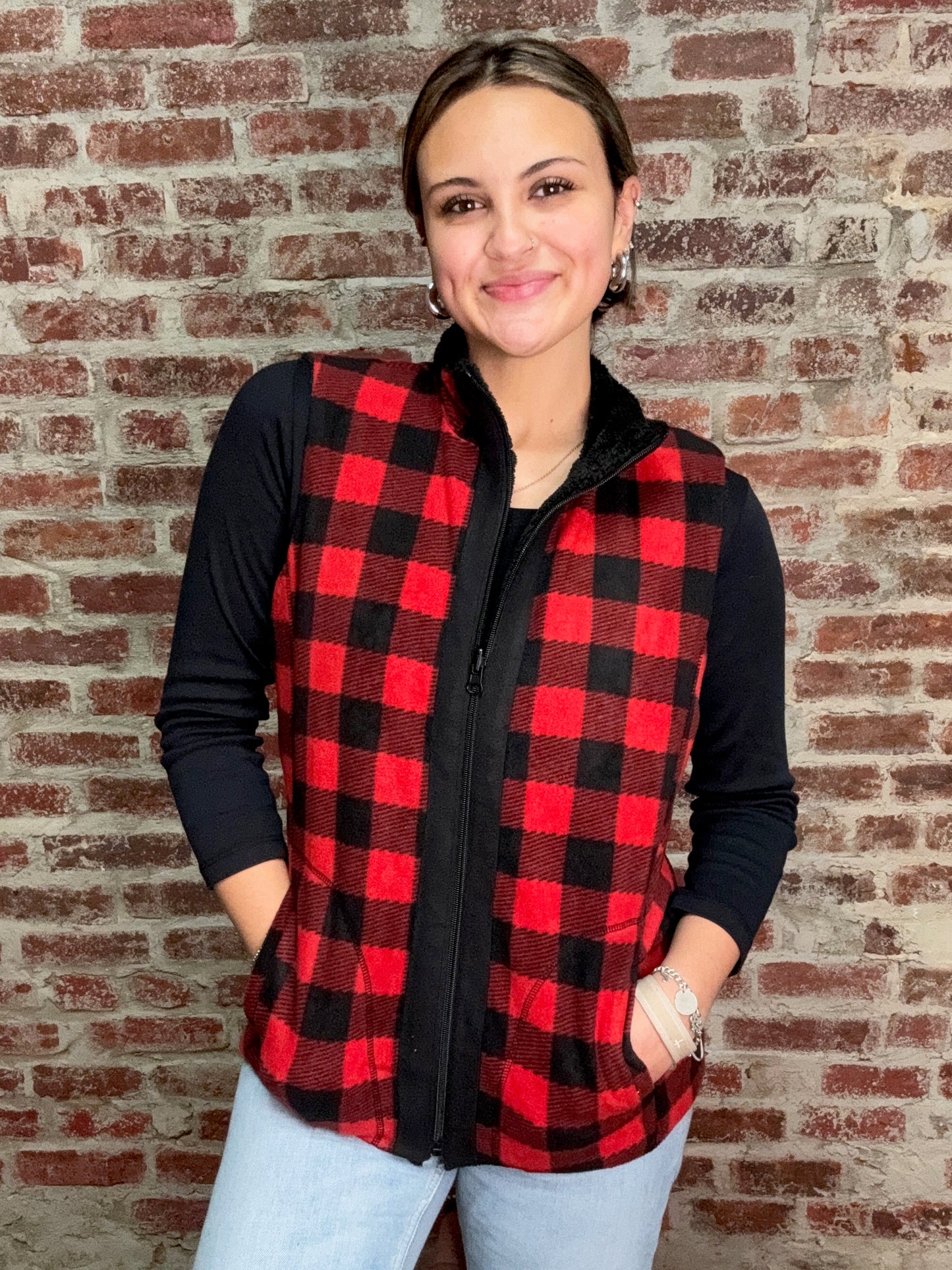 Red and Black Plaid Reversible Zip Up Vest
