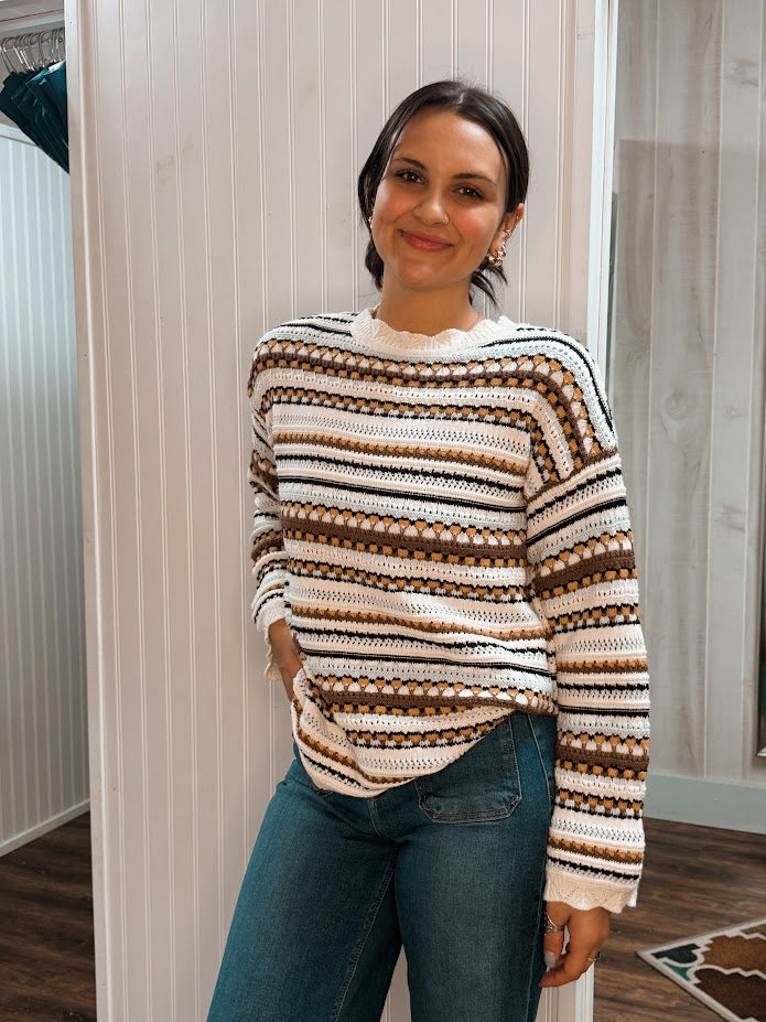 Cream and Brown L/S Pullover Sweater