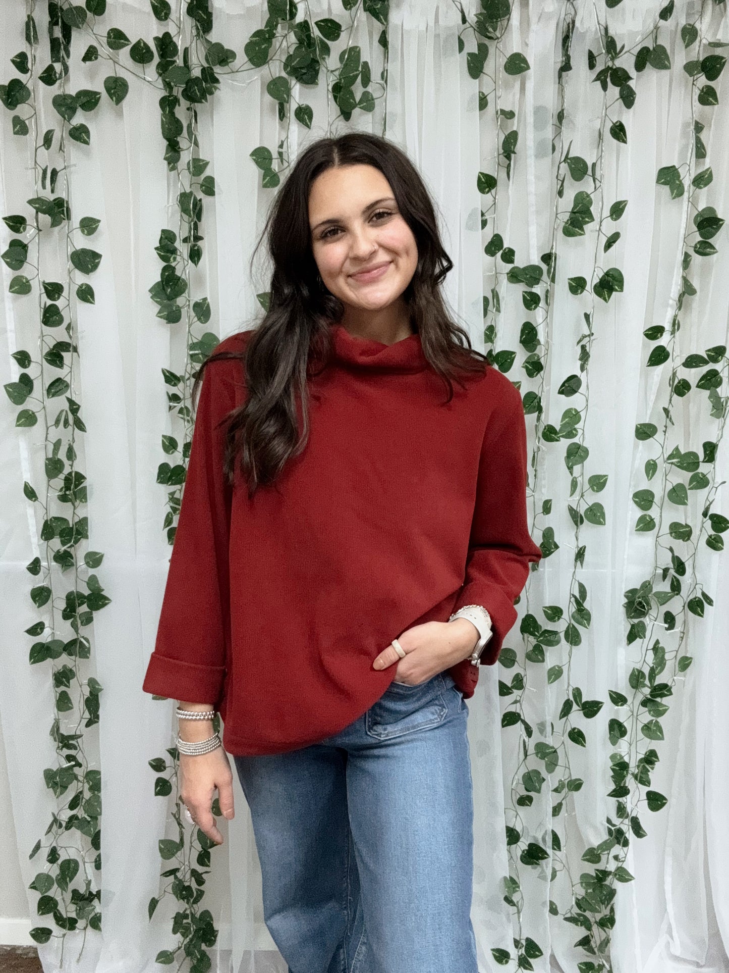 Crimson Turtleneck Side Button Top