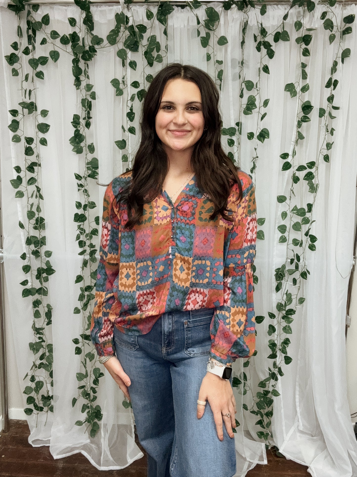 Crochet Print Multicolored Long Sleeve Top