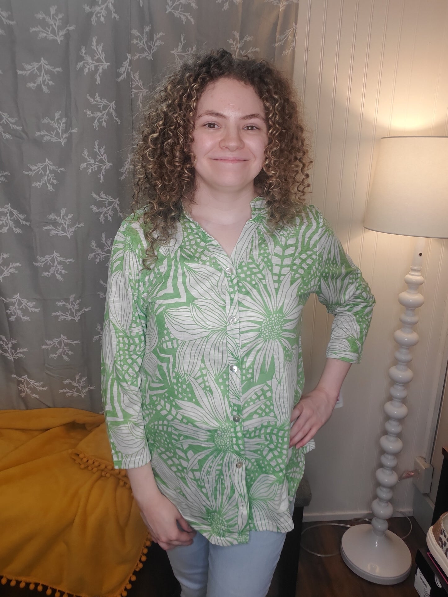 Bright Green Floral Button Down 3/4 Sleeve Top