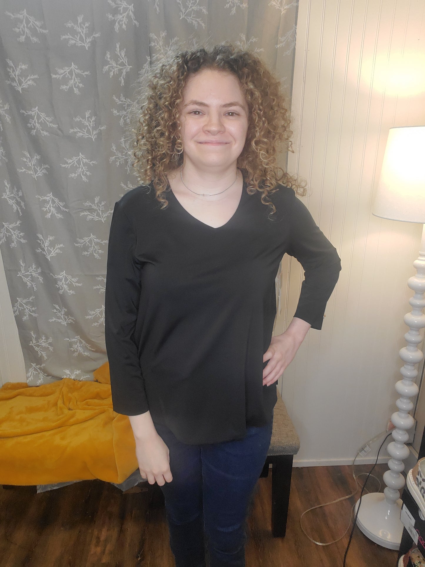 Black 3/4 Sleeve V-Neck Top