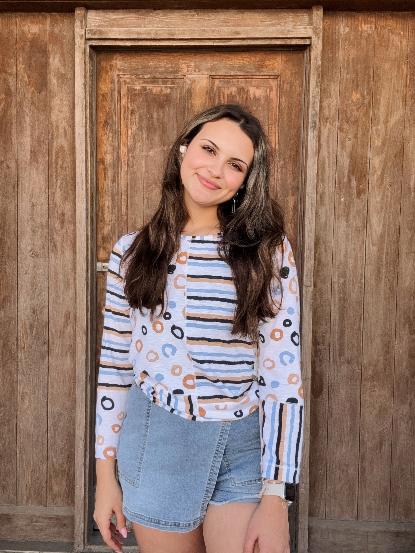 Blue/Sandstone Dot Stripe Multipanel 3/4 Sleeve Top