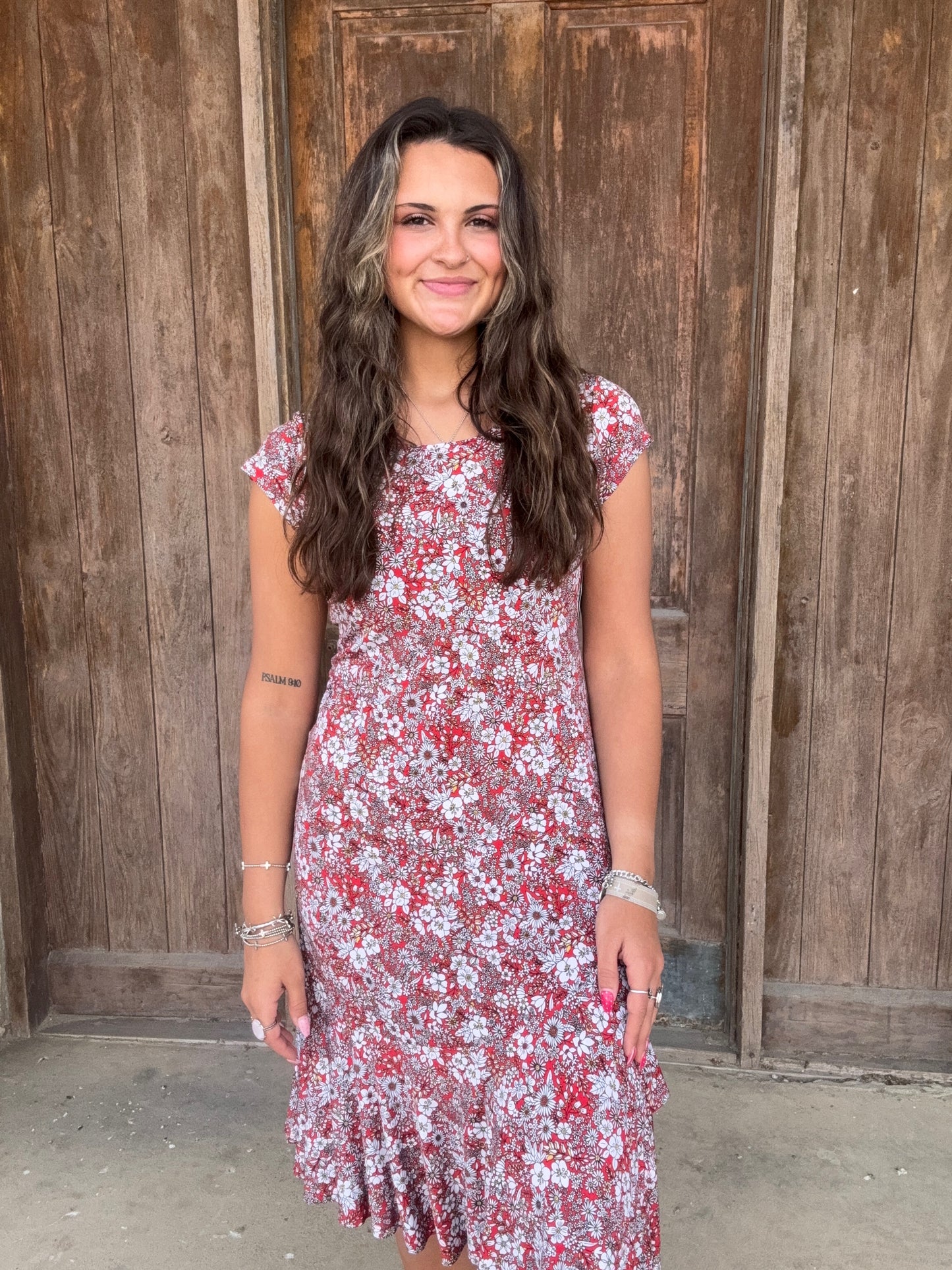 Red and Black Ditsy Floral Dress
