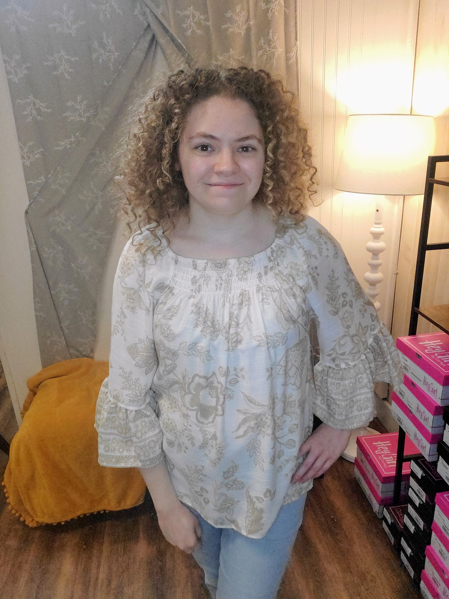 Creme Floral Shirred Neck Top