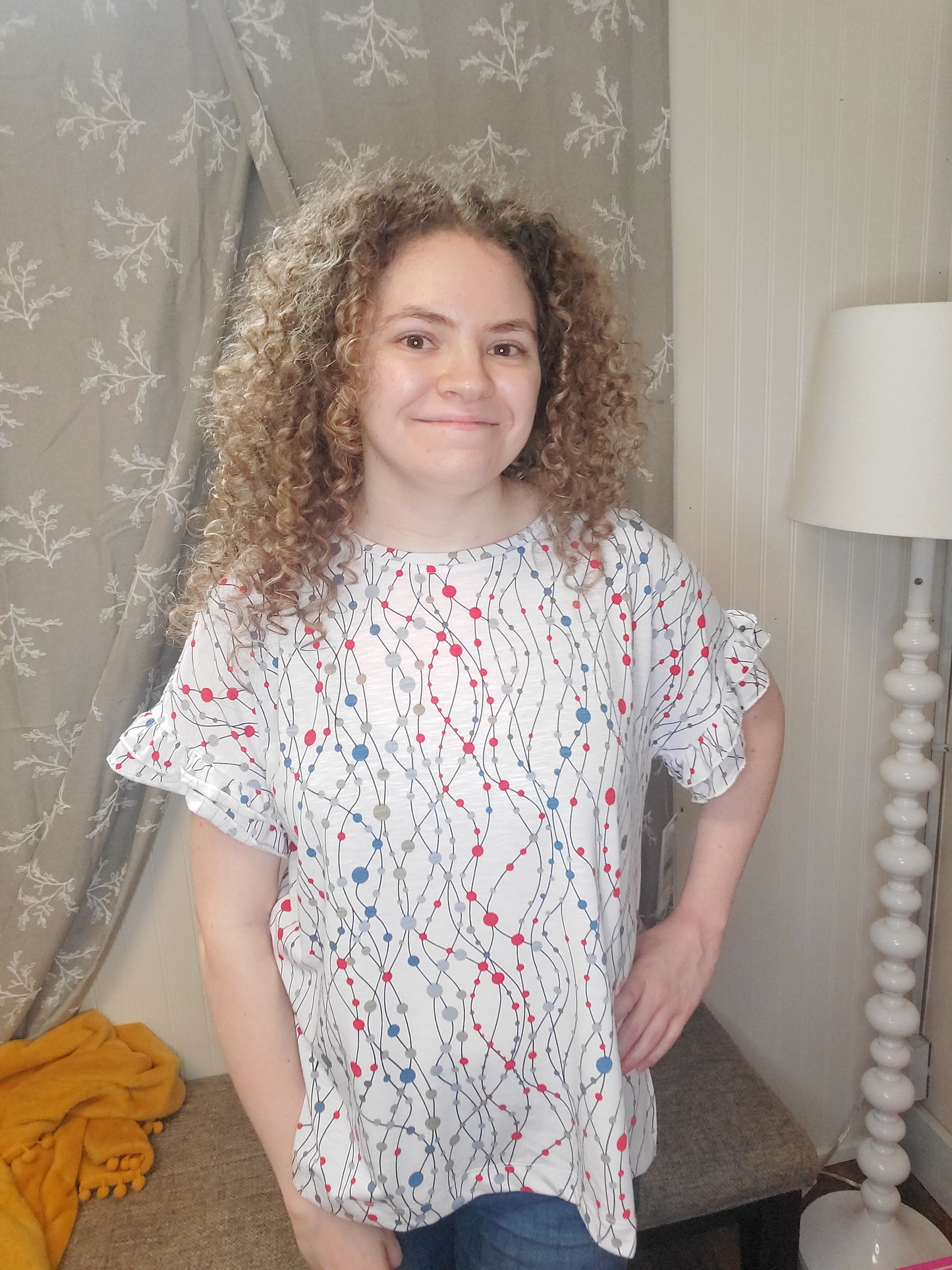 Red White and Blue Dotted Flounce Sleeve Top
