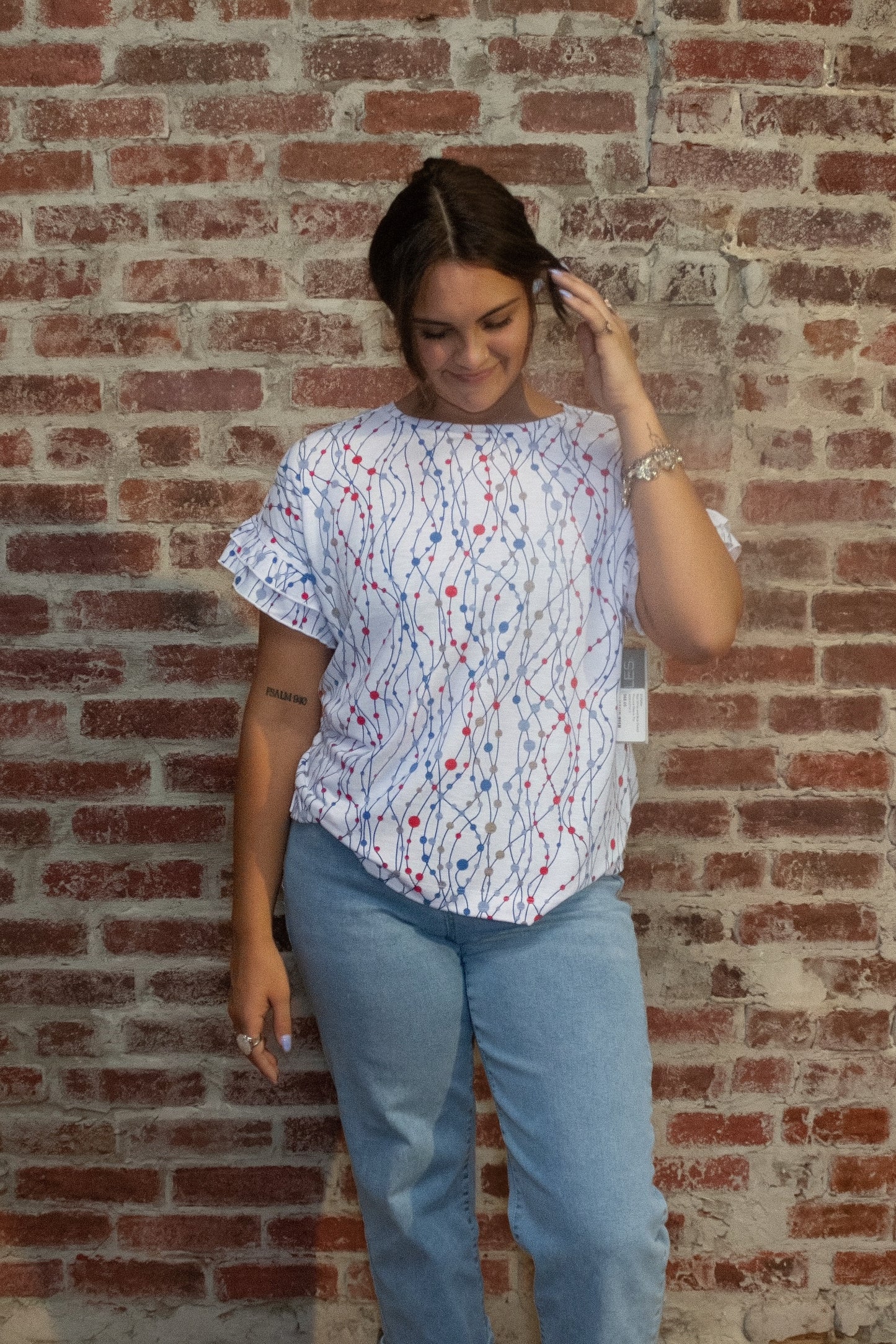 Red White and Blue Dotted Flounce Sleeve Top
