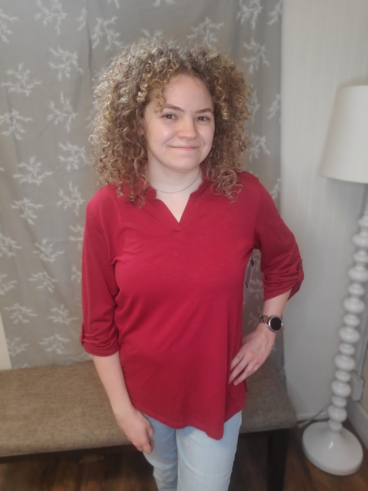 Burgundy Collar Roll Tab Sleeve Top