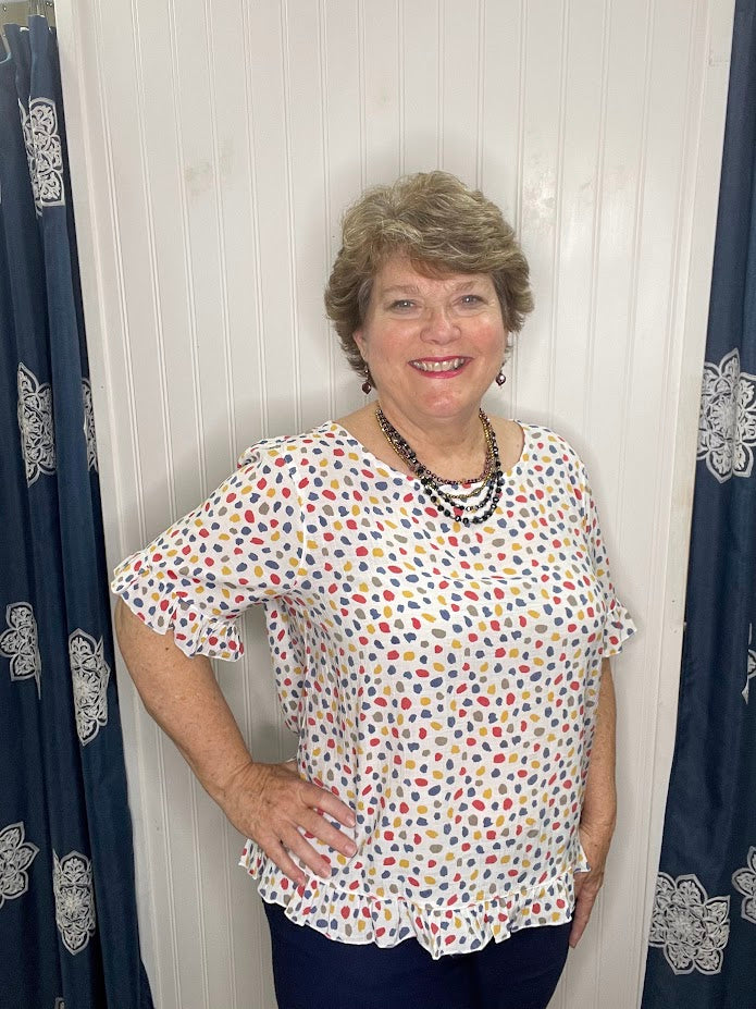 Short Sleeve Multicolored Dot Print Ruffle On Sleeve Top