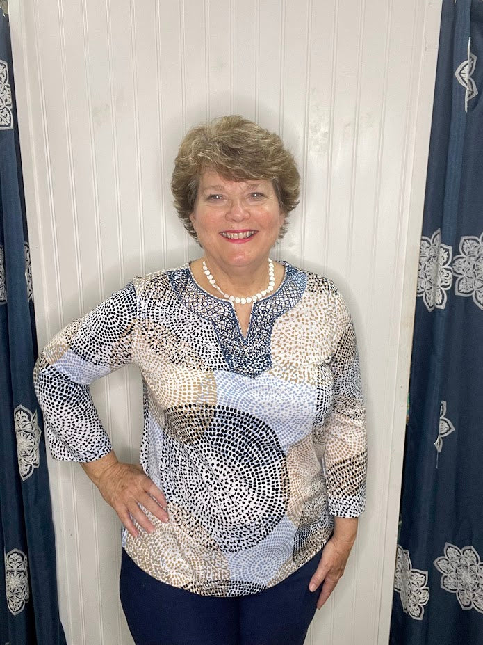 Circle Print Blue/Sandstone Embroidered Collar 3/4 Sleeve Top