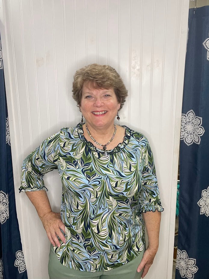 Moss and Blue Ruffle Top