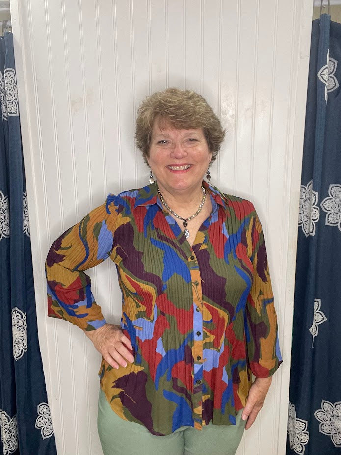 Multicolored Abstract Button Up L/S Blouse