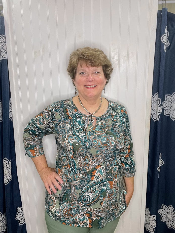 Olive Clay Mint Paisley Top