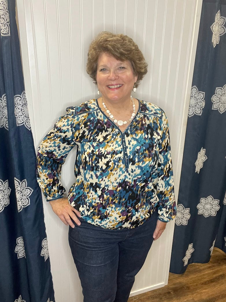 Teal and Gold Long Sleeve Brush Blouse