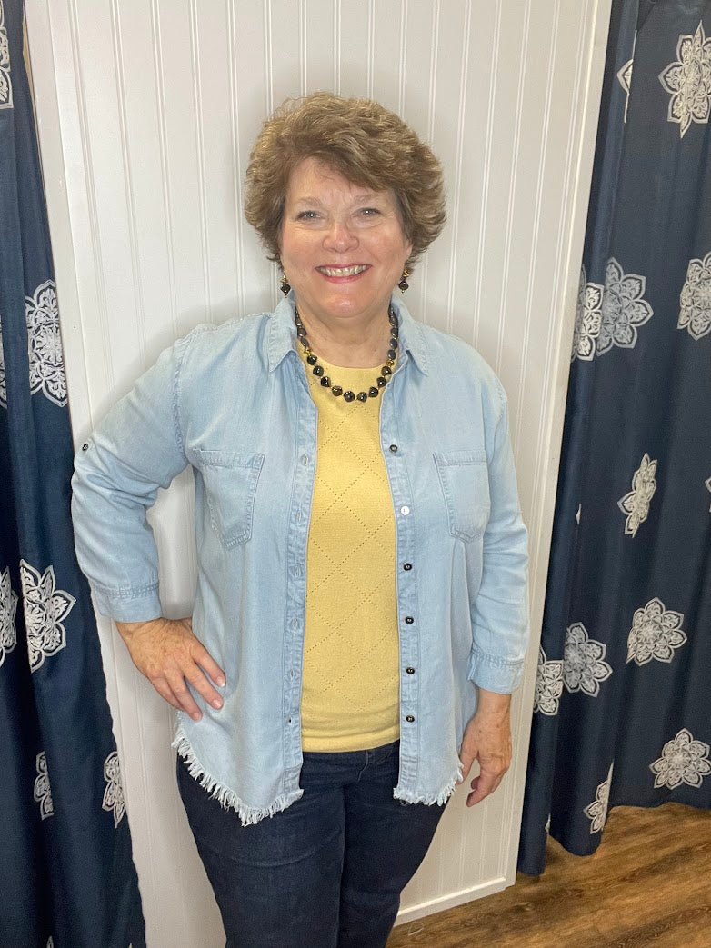 Ice Blue Frayed Button Shirt w/Pockets (Plus-Sized)