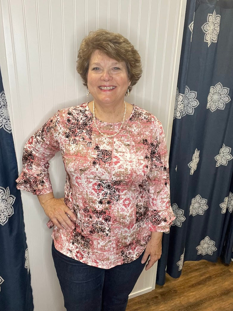 Rose and Brown Pattern 3/4 Sleeve Top