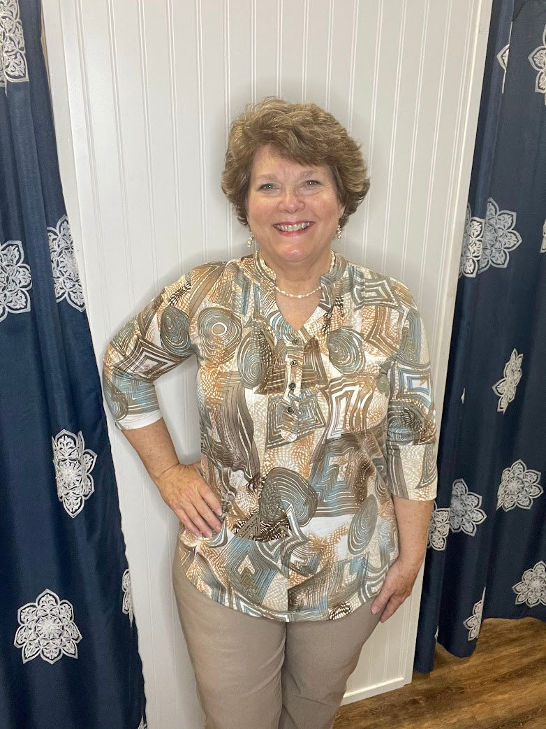 Bronze and Teal Grotto 3/4 Sleeve Top