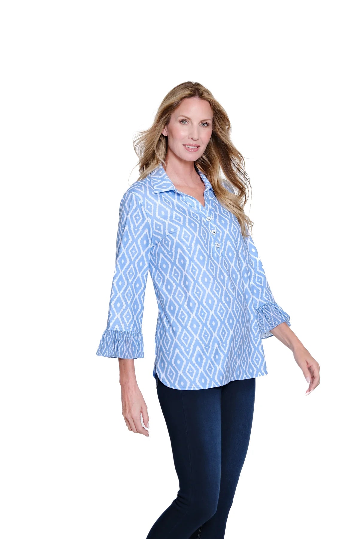 Blue and White Pleated Flounce 3/4 SLV Plus Top