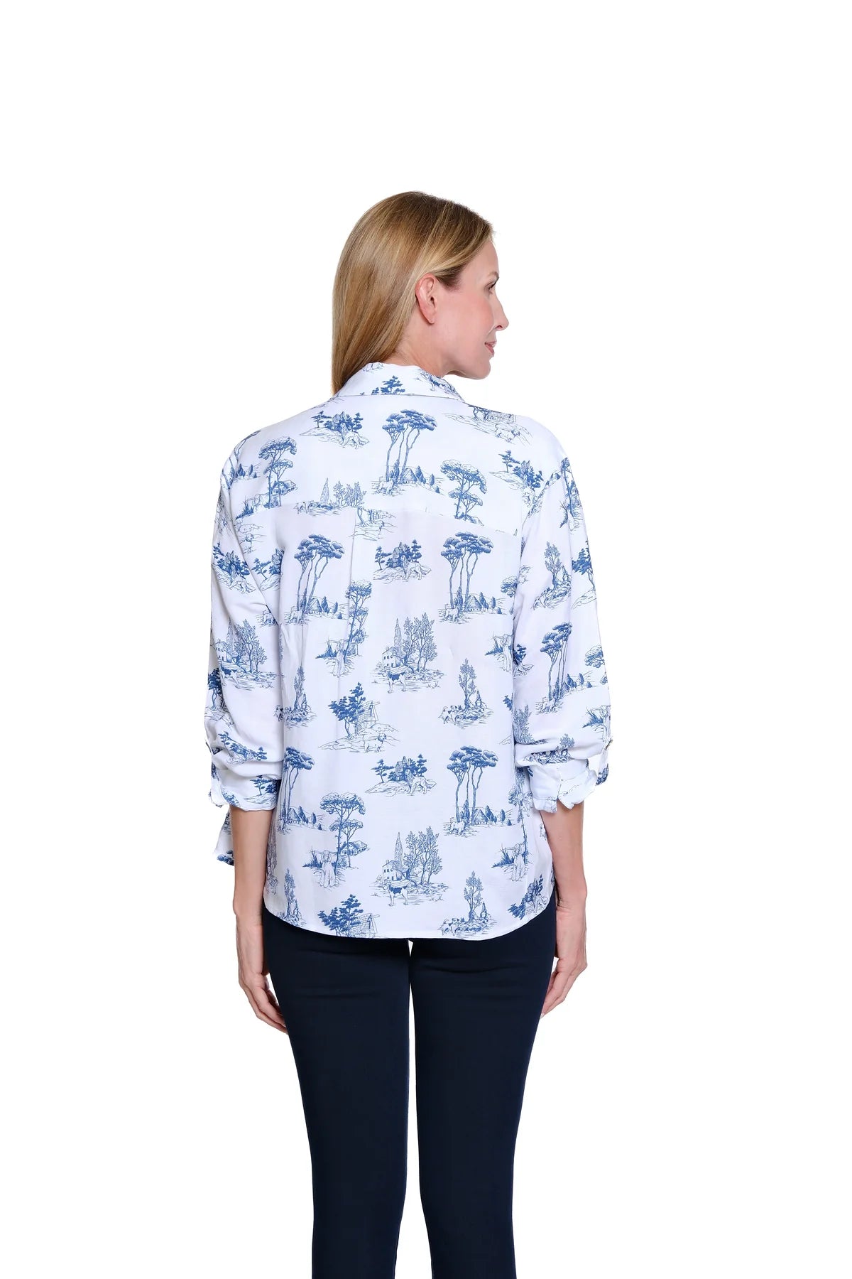 Blue and White Roll Tab with Dog Print Top