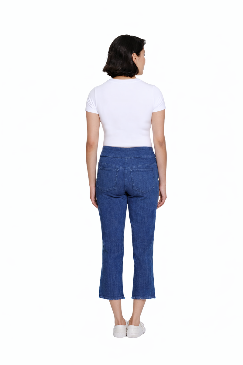 Denim Pull-On Fringe Hem Crop Pant with Pockets