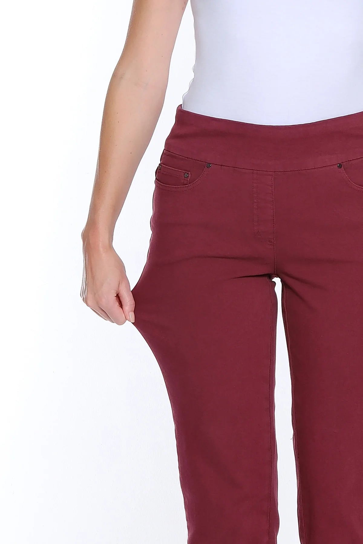 Port Wine Pull On Fringe Hem Ankle Pant