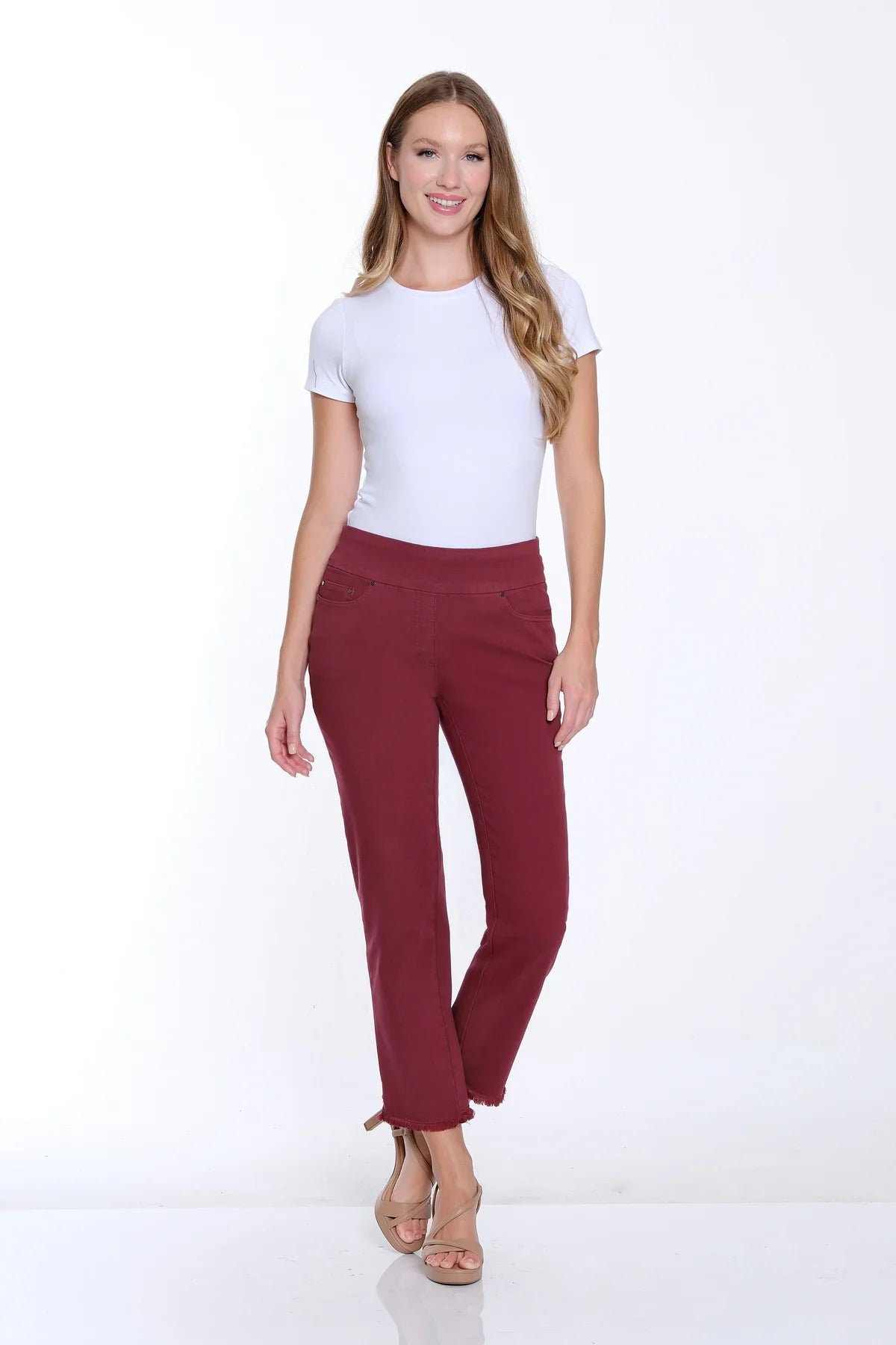 Port Wine Pull On Fringe Hem Ankle Pant