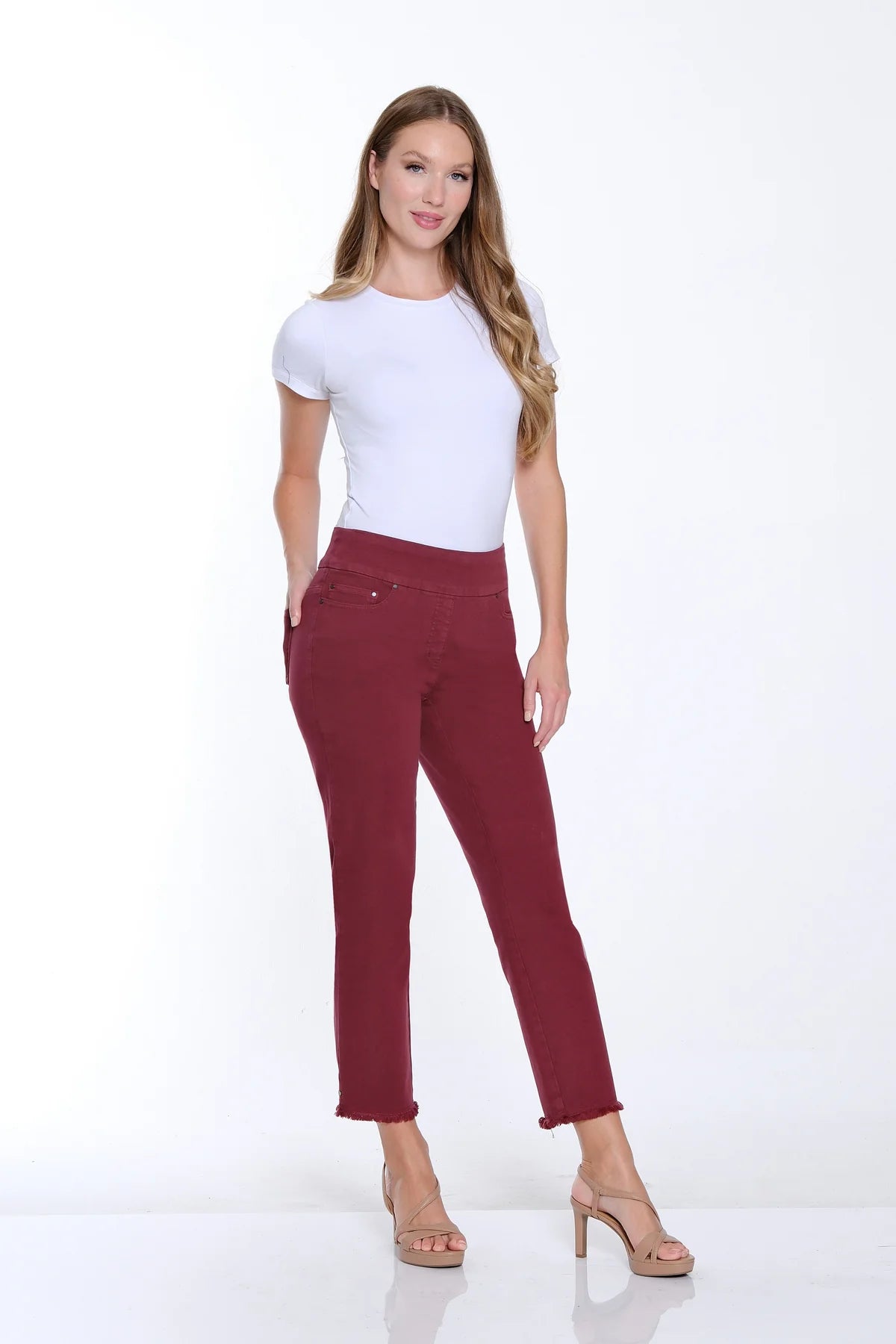 Port Wine Pull On Fringe Hem Ankle Pant