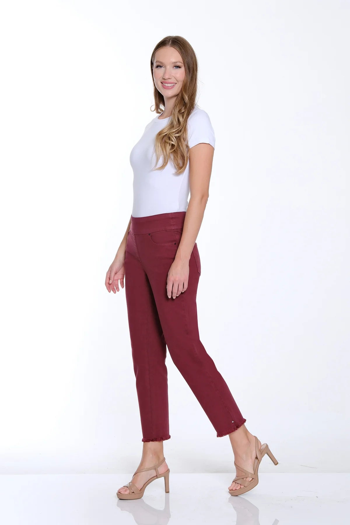 Port Wine Pull On Fringe Hem Ankle Pant