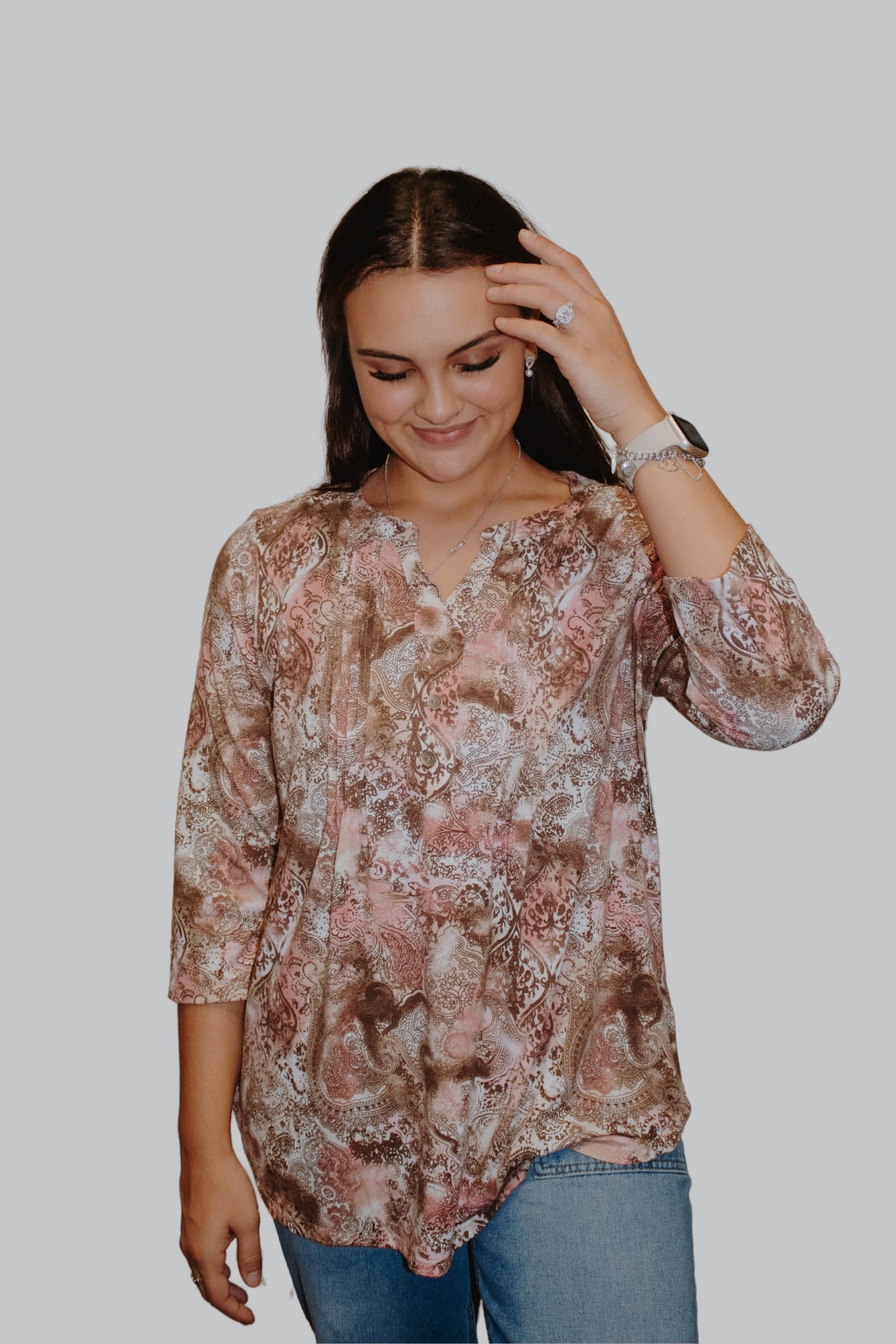 Rose and Brown Paisley 3/4 Sleeve Top
