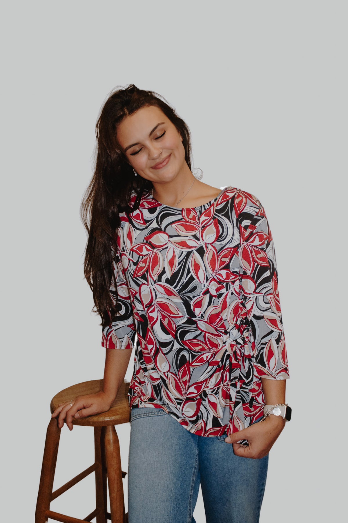 Red Black Beige Floral Tied Hem Top